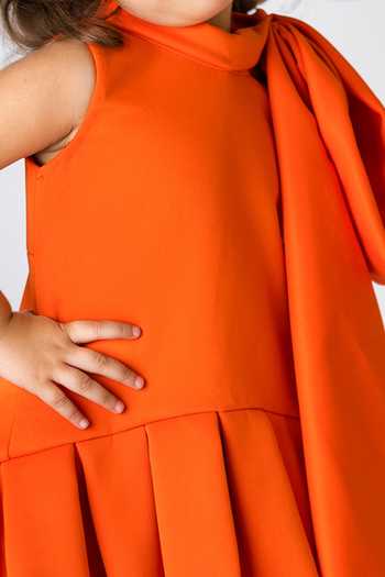 Buy_BA BA Baby Clothing CO_Orange Scuba Solid Box-pleated Hem Dress_Online_at_Aza_Fashions