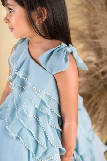 BA BA Baby Clothing CO_Blue Viscose Organza Hand Embroidered Pearl Dress_Online_at_Aza_Fashions