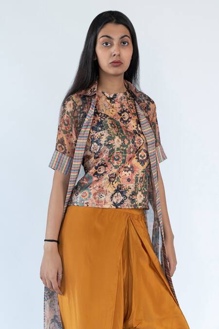 Buy_Nikita Vishakha_Brown Crepe, Georgette Floral Jacket Front Open, Printed Cape And Dhoti Pant Set_Online_at_Aza_Fashions