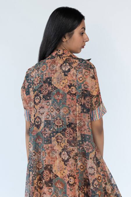 Nikita Vishakha_Brown Crepe, Georgette Floral Jacket Front Open, Printed Cape And Dhoti Pant Set_at_Aza_Fashions