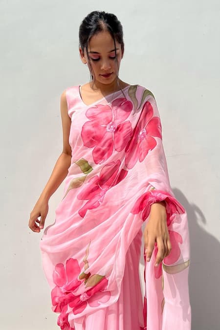 Buy_Meghstudio_Pink Viscose, Silk, Embroidered Hand Painted Saree With Unstitched Blouse Piece _Online_at_Aza_Fashions