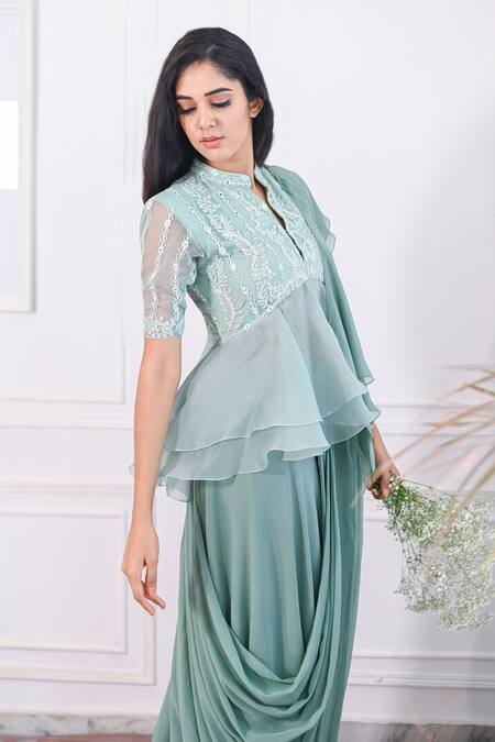 Shop_PIRI INDIA_Green Georgette, Organza, Ruffled And Pre-draped Saree With Embroidered Peplum _Online_at_Aza_Fashions