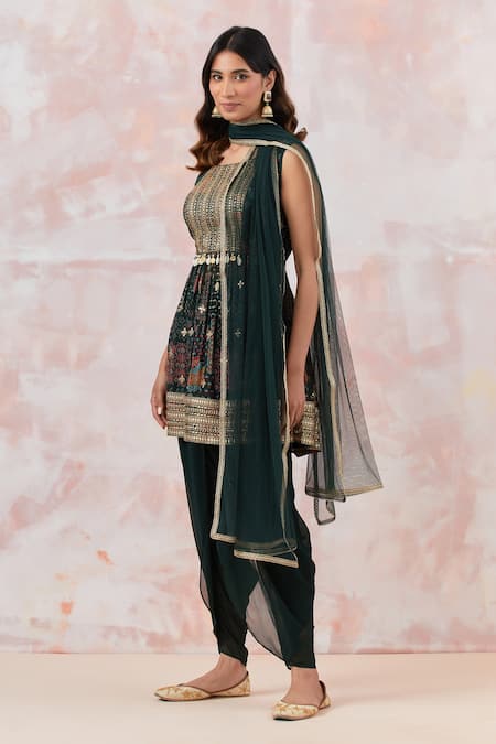 Buy_Basanti - Kapde Aur Koffee_Green Georgette, Net, Cotton Foil Printing, And Coin Work Kurta Dhoti Pant Set_Online_at_Aza_Fashions