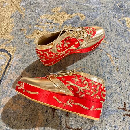 Tiesta_Red Begum Embellished Sneaker Wedges _Online_at_Aza_Fashions