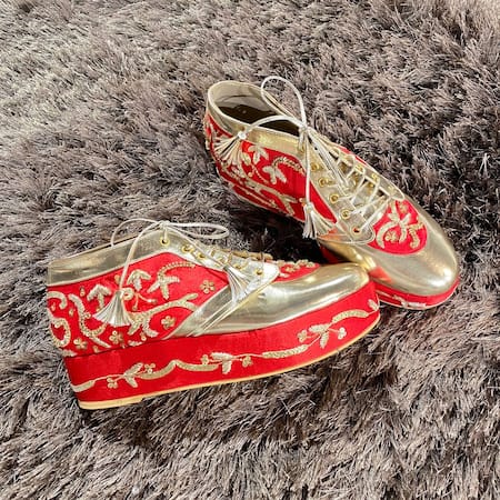 Buy_Tiesta_Red Begum Embellished Sneaker Wedges _Online_at_Aza_Fashions