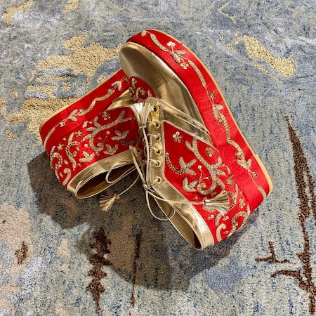 Buy_Tiesta_Red Begum Embellished Sneaker Wedges 