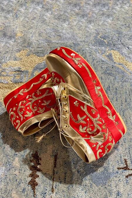Shop_Tiesta_Red Begum Embellished Sneaker Wedges 