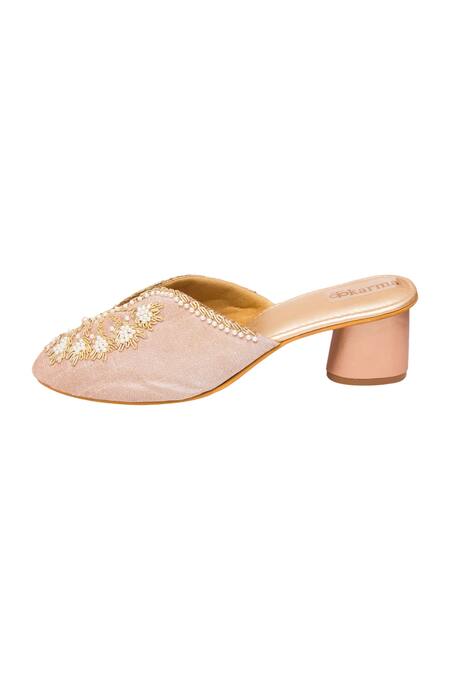 Kkarma Accessories_Pink Embroidery Bela Mule Block Heels _Online_at_Aza_Fashions