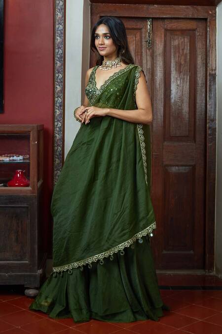 Arpita Mehta Green Georgette Mirrors V-neck One Shoulder Drape And Sharara Set at Aza Fashions Arpita Mehta_Green Georgette Mirrors V-neck One Shoulder Drape And Sharara Set_at_Aza_Fashions