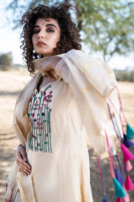 Shop_The Home Affair_Beige Chanderi Embroidery Mandarin Collar French Knot Kurta Set _Online_at_Aza_Fashions