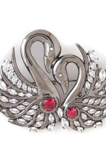 Cosa Nostraa Black Stones Twin Swan Brooch Online at Aza Fashions Cosa Nostraa_Black Stones Twin Swan Brooch _Online_at_Aza_Fashions