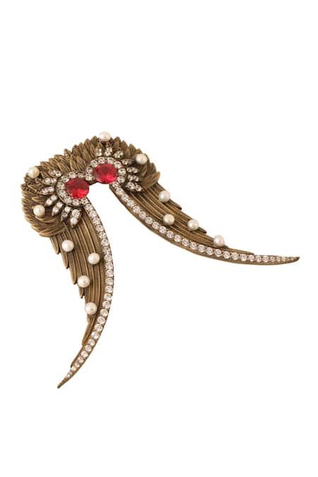 Cosa Nostraa_Gold Stones Abstract Owl Brooch _Online_at_Aza_Fashions