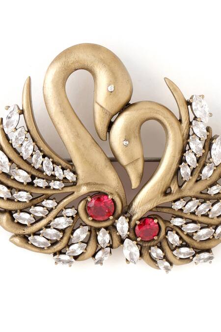 Cosa Nostraa_Gold Stones Twin Swan Embellished Brooch _Online_at_Aza_Fashions