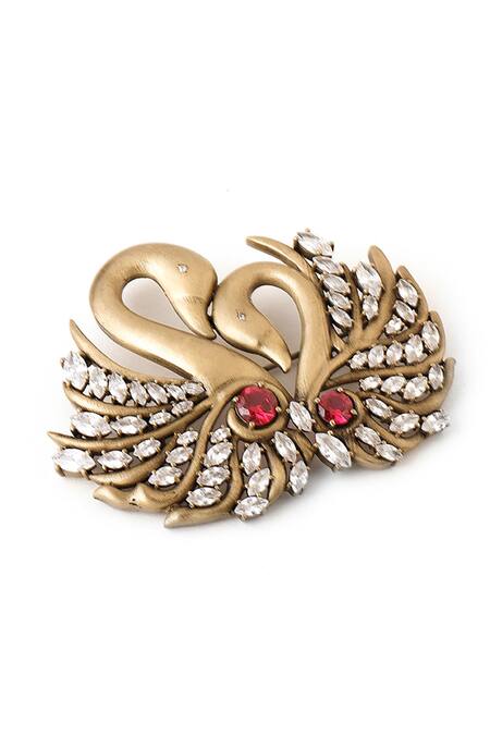 Buy_Cosa Nostraa_Gold Stones Twin Swan Embellished Brooch _Online_at_Aza_Fashions