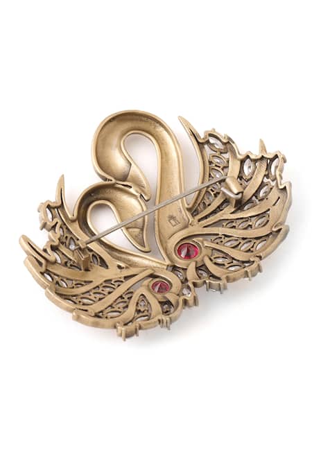 Shop_Cosa Nostraa_Gold Stones Twin Swan Embellished Brooch _Online_at_Aza_Fashions