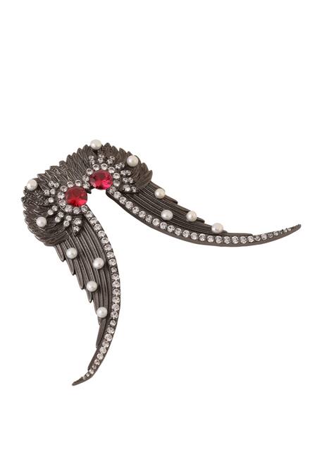 Cosa Nostraa_Black Stones Abstract Owl Shape Brooch _Online_at_Aza_Fashions