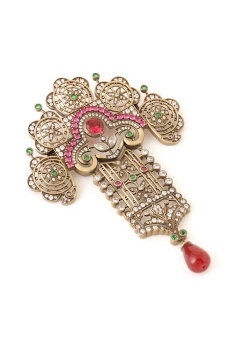 Cosa Nostraa_Gold Stones Victorian Themed Embellished Brooch _Online_at_Aza_Fashions