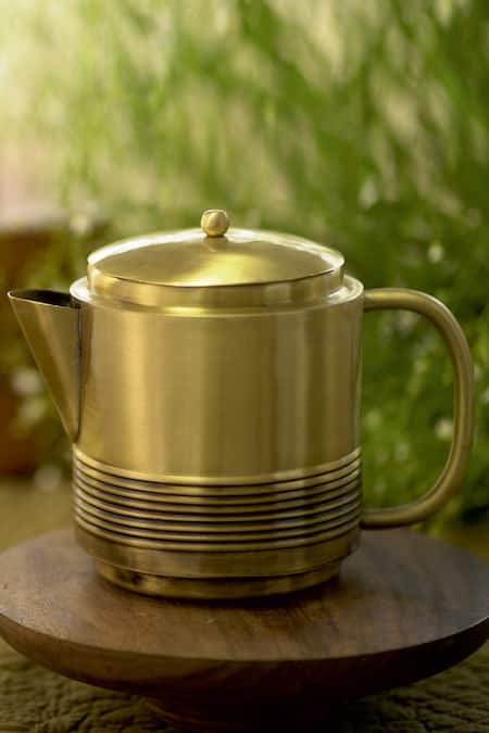 Courtyard_Gold Brass Bhor Tea Pot 3 Pcs Set_Online_at_Aza_Fashions