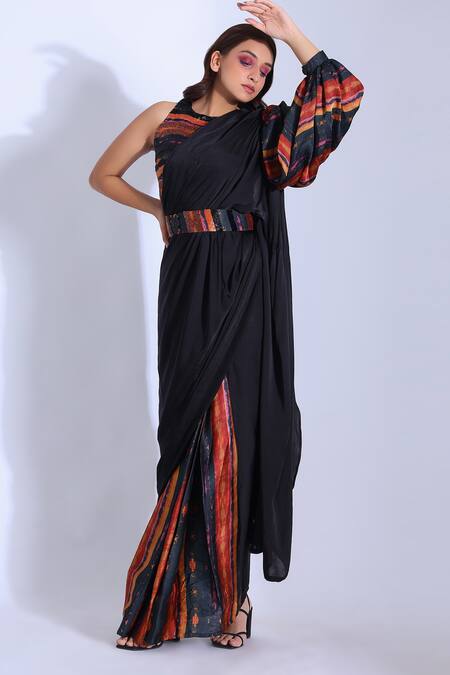 Buy_Studio Surbhi_Red Georgette, Satin Embroidery, Sequins Printed Pre-pleated Saree With Blouse_Online_at_Aza_Fashions