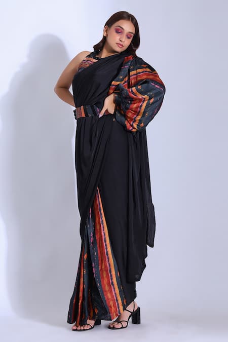 Shop_Studio Surbhi_Red Georgette, Satin Embroidery, Sequins Printed Pre-pleated Saree With Blouse_Online_at_Aza_Fashions