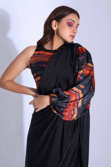 Studio Surbhi_Red Georgette, Satin Embroidery, Sequins Printed Pre-pleated Saree With Blouse_at_Aza_Fashions