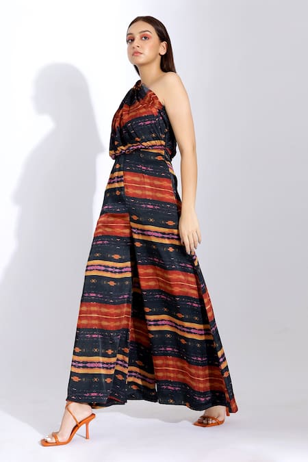 Studio Surbhi_Red Georgette, Satin One Shoulder Printed Jumpsuit _Online_at_Aza_Fashions