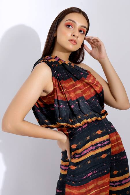 Shop_Studio Surbhi_Red Georgette, Satin One Shoulder Printed Jumpsuit _Online_at_Aza_Fashions