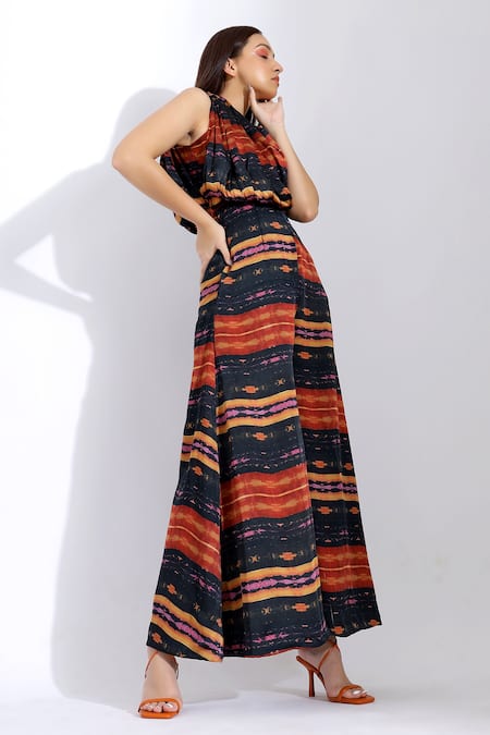 Studio Surbhi_Red Georgette, Satin One Shoulder Printed Jumpsuit _at_Aza_Fashions