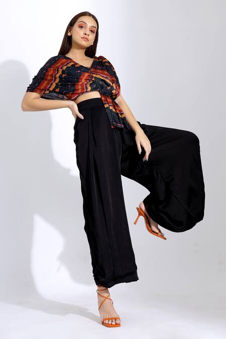 Studio Surbhi_Red Georgette, Satin V-neck Draped Blouse And Pant Set _Online_at_Aza_Fashions