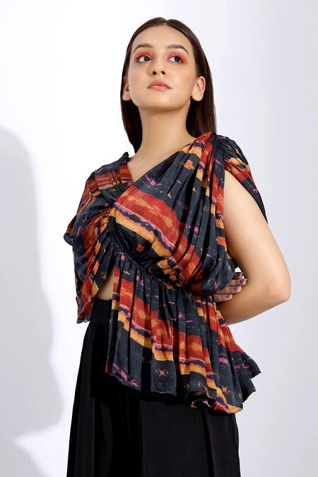 Buy_Studio Surbhi_Red Georgette, Satin V-neck Draped Blouse And Pant Set _Online_at_Aza_Fashions