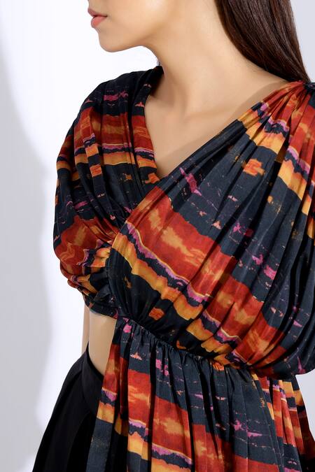 Shop_Studio Surbhi_Red Georgette, Satin V-neck Draped Blouse And Pant Set _Online_at_Aza_Fashions