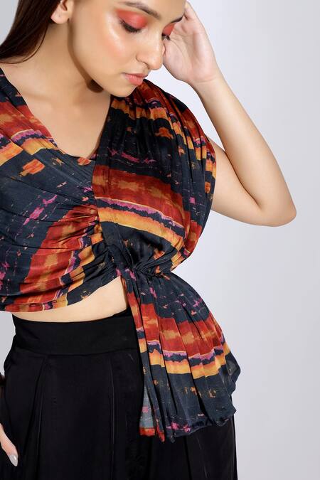 Studio Surbhi_Red Georgette, Satin V-neck Draped Blouse And Pant Set _at_Aza_Fashions