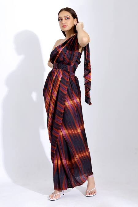 Studio Surbhi_Purple Georgette, Satin Embroidery Printed Pre-pleated Saree With Blouse_Online_at_Aza_Fashions