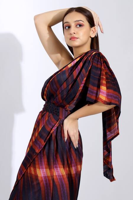 Shop_Studio Surbhi_Purple Georgette, Satin Embroidery Printed Pre-pleated Saree With Blouse_Online_at_Aza_Fashions