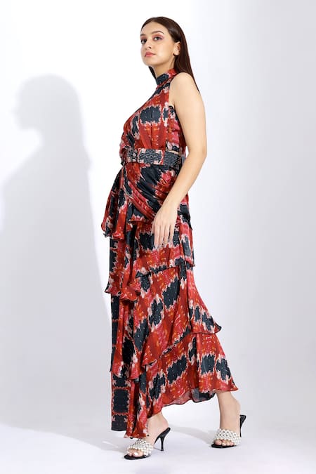 Studio Surbhi_Red Georgette, Satin Embroidery, Sequins Printed Frill Saree With Blouse _Online_at_Aza_Fashions