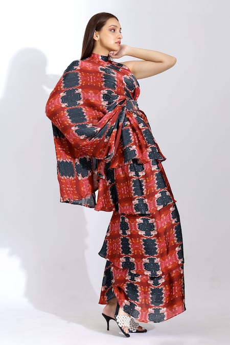 Buy_Studio Surbhi_Red Georgette, Satin Embroidery, Sequins Printed Frill Saree With Blouse _Online_at_Aza_Fashions