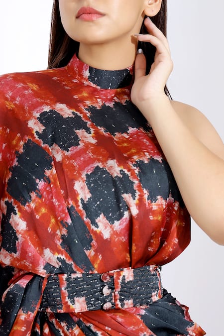 Studio Surbhi_Red Georgette, Satin Embroidery, Sequins Printed Frill Saree With Blouse _at_Aza_Fashions