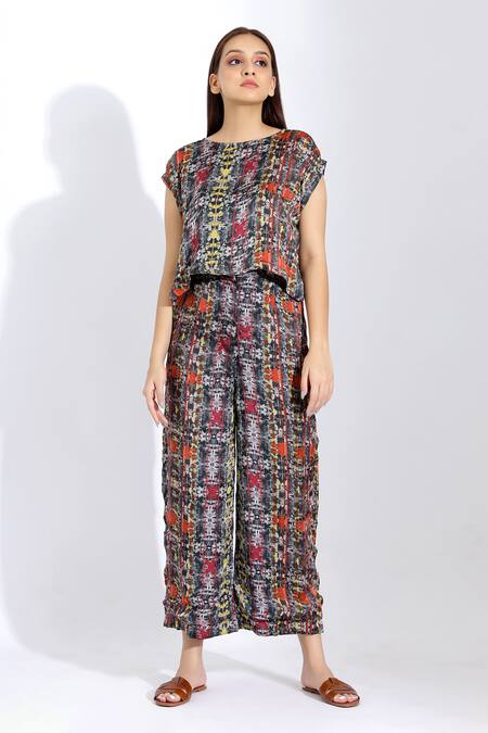 Studio Surbhi_Multi Color Georgette, Satin Round Neck Printed Top And Pant Set _Online_at_Aza_Fashions