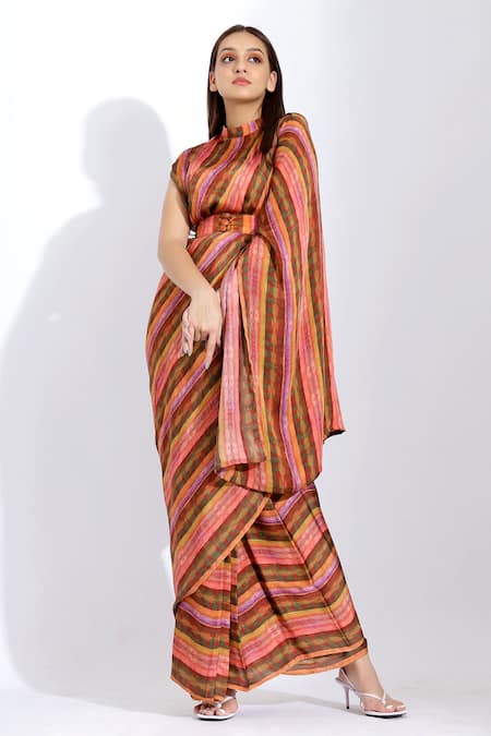 Studio Surbhi_Orange Georgette, Satin Collared Printed Pre-stitched Saree With Blouse _Online_at_Aza_Fashions