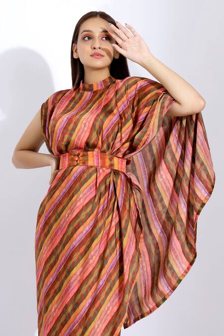 Buy_Studio Surbhi_Orange Georgette, Satin Collared Printed Pre-stitched Saree With Blouse _Online_at_Aza_Fashions