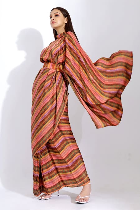 Shop_Studio Surbhi_Orange Georgette, Satin Collared Printed Pre-stitched Saree With Blouse _Online_at_Aza_Fashions