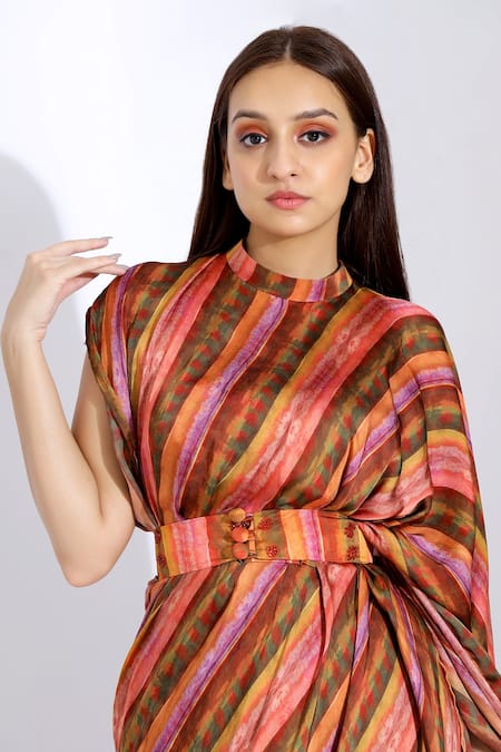 Studio Surbhi_Orange Georgette, Satin Collared Printed Pre-stitched Saree With Blouse _at_Aza_Fashions