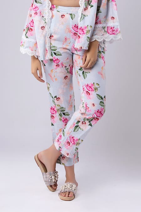 Tangerine Tiger_White 100% Cotton Linen Floral, Lace Bustier Bell Sleeve Print Pant Set _Online_at_Aza_Fashions
