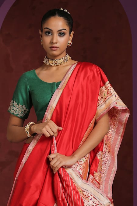 Weaver Story_Green Silk Zari, Embroidery Round Neck Pure Blouse _Online_at_Aza_Fashions