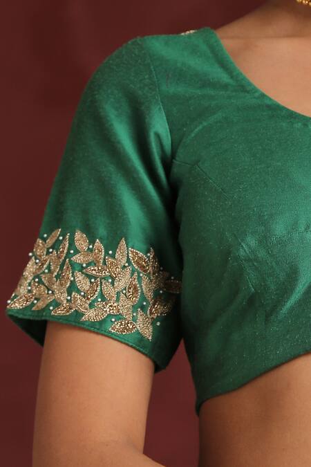 Buy_Weaver Story_Green Silk Zari, Embroidery Round Neck Pure Blouse _Online_at_Aza_Fashions