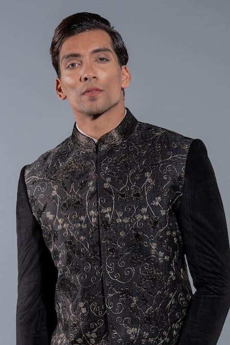 More Mischief Black Velvet, Wool, Cotton Embroidery Floral Bandhgala Set Online at Aza Fashions More Mischief_Black Velvet, Wool, Cotton Embroidery Floral Bandhgala Set_Online_at_Aza_Fashions