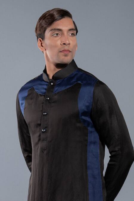 More Mischief_Black Silk Linen Panelled Kurta Set_Online_at_Aza_Fashions