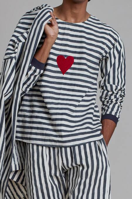 Shop_MATI_Off White 100% Cotton Striped Shawl Collar Jacket_Online_at_Aza_Fashions