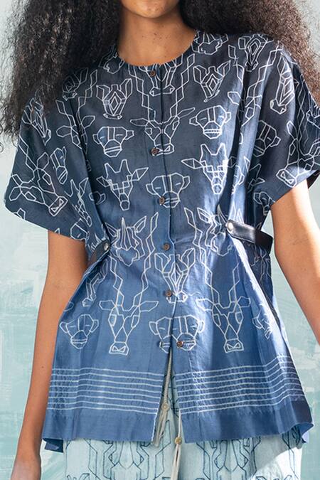 Ikai By Ragini Ahuja_Blue Chanderi, Cotton Embroidery Round Neck Nile Shibori Belted Top_Online_at_Aza_Fashions