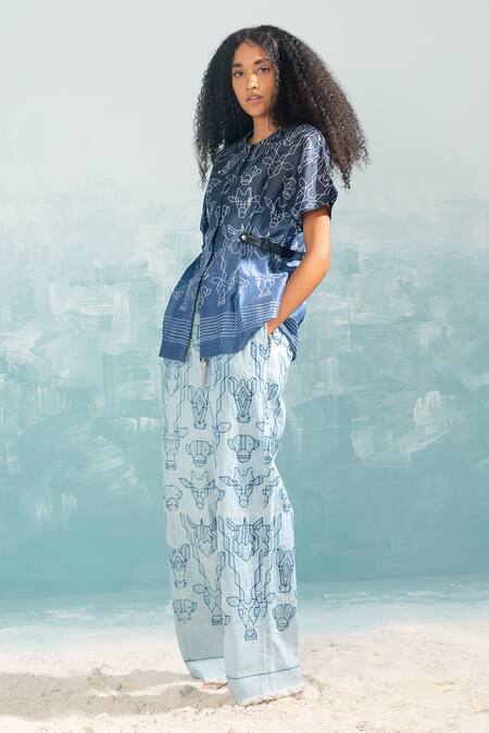 Buy_Ikai By Ragini Ahuja_Blue Denim Embroidery Nile Shibori_Online_at_Aza_Fashions